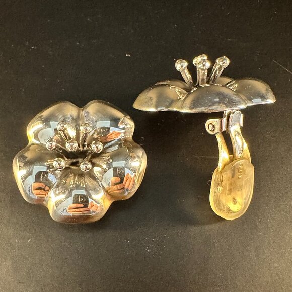 🌺 DDD Mexico 925 Sterling Silver Floral Clip-On Earrings | Vintage Statement - Picture 4 of 4